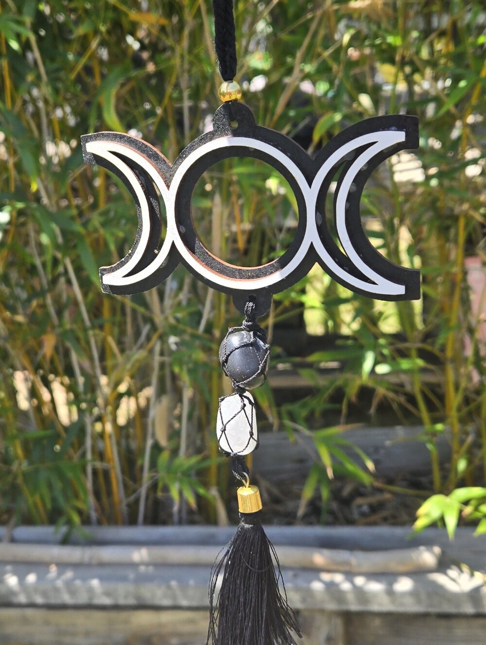 Triple Moon Wall Hanging in Black and White with Gold Accents